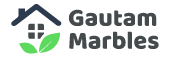 Logo of gautam marbles featuring a stylized house with a leaf, accompanied by the company name in blue and green text